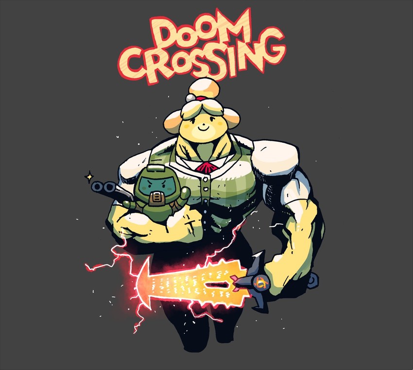 isabelle and doomguy (animal crossing and 2 more) drawn by rariatto_(ganguri)