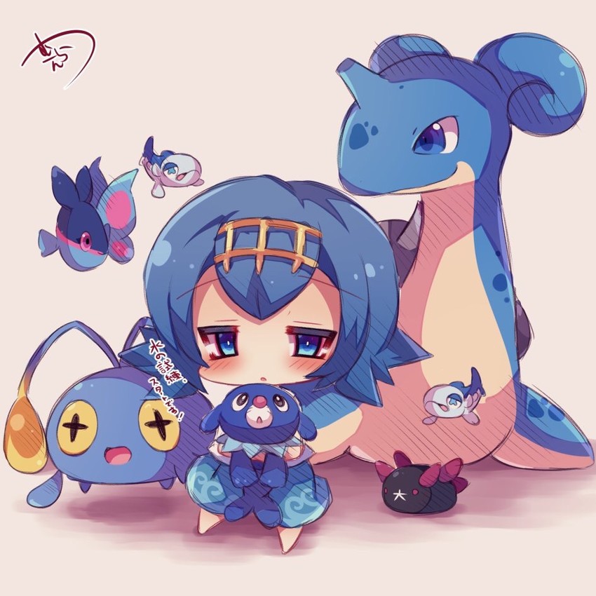 lana, popplio, lapras, pyukumuku, wishiwashi, and 2 more (pokemon and 1 more) drawn by muuran