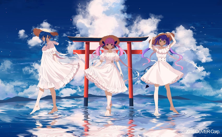 hoshimachi suisei, minato aqua, and tokoyami towa (hololive and 1 more) drawn by okazaki_oka