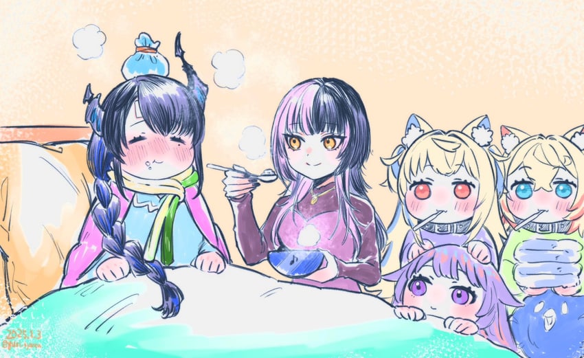 shiori novella, nerissa ravencroft, fuwawa abyssgard, mococo abyssgard, koseki bijou, and 1 more (hololive and 1 more) drawn by yuri_kyanon