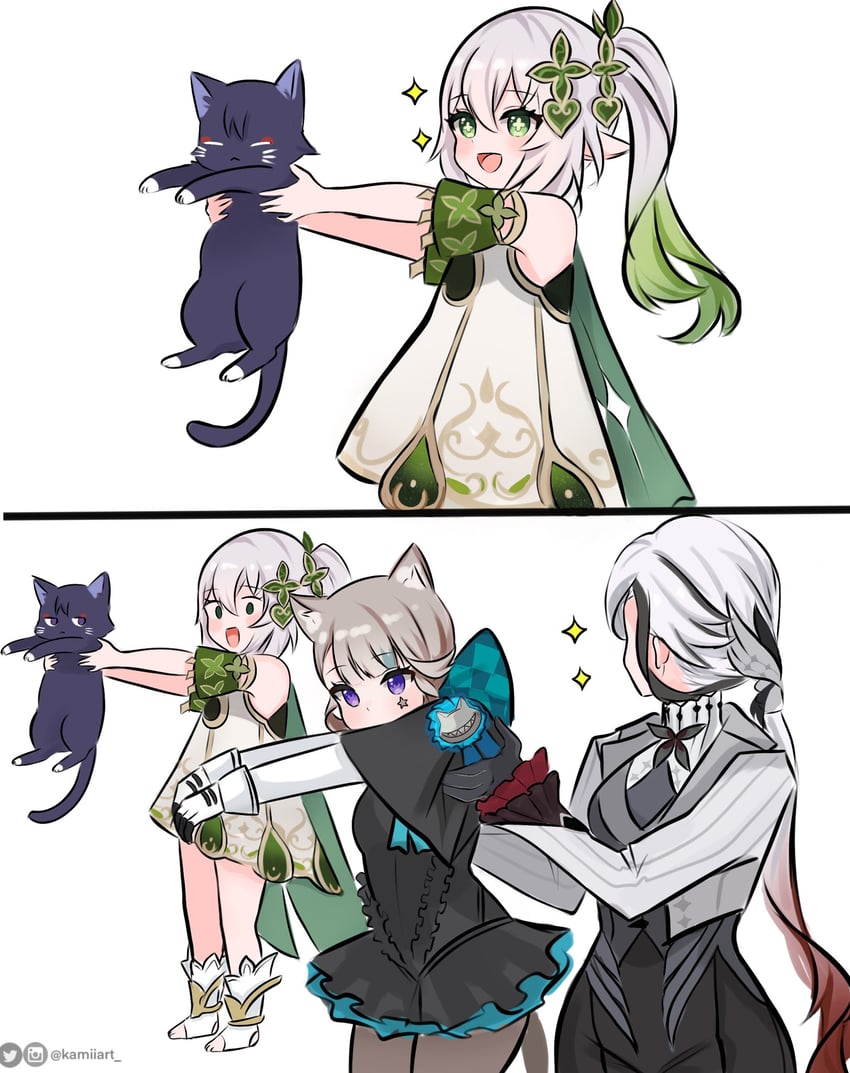 nahida, wanderer, arlecchino, lynette, and scaramouche (genshin impact) drawn by kamiiart