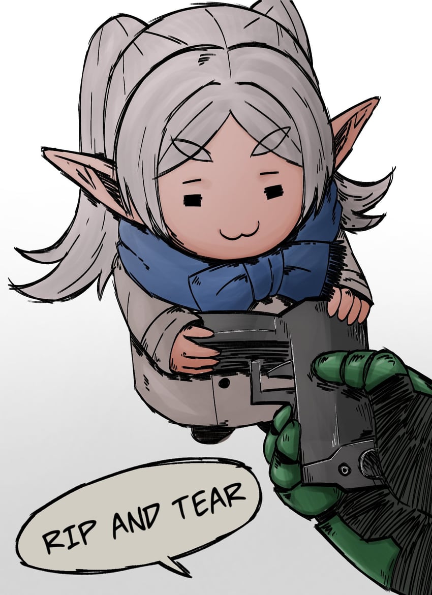 frieren and doomguy (sousou no frieren and 1 more) drawn by basedlida