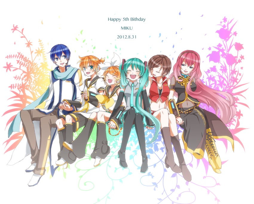 hatsune miku, kagamine rin, kagamine len, megurine luka, kaito, and 1 more (vocaloid) drawn by sorano_namida