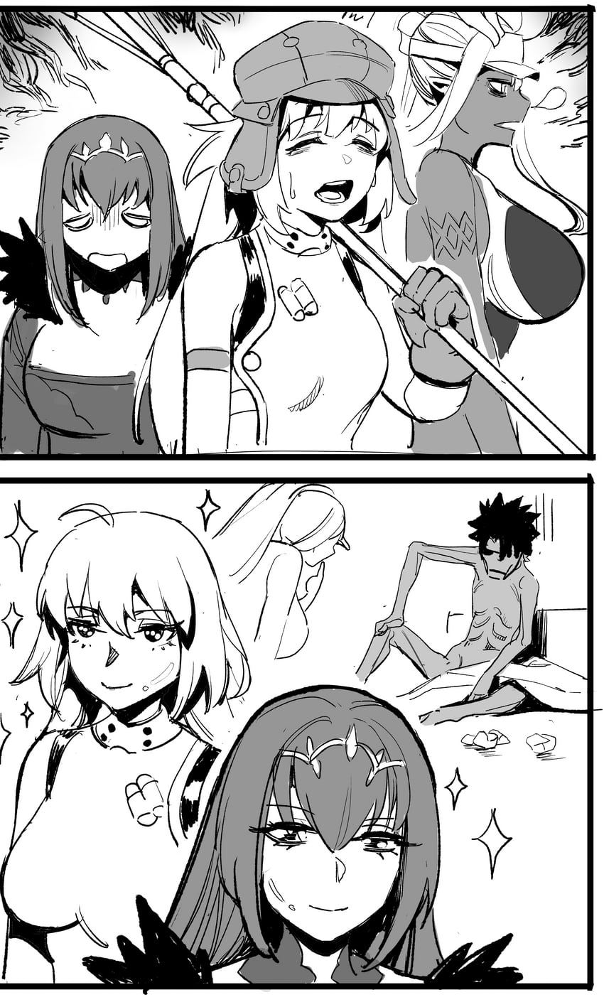 artoria pendragon, fujimaru ritsuka, scathach, artoria caster, scathach skadi, and 1 more (fate and 1 more) drawn by wtlong_han