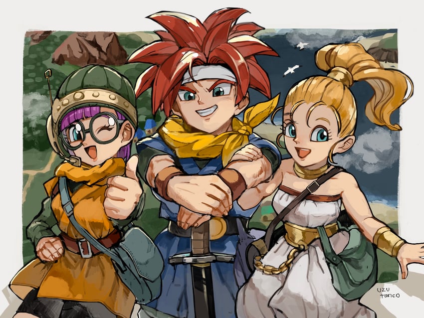 lucca ashtear, crono, and marle (chrono trigger) drawn by uzutanco