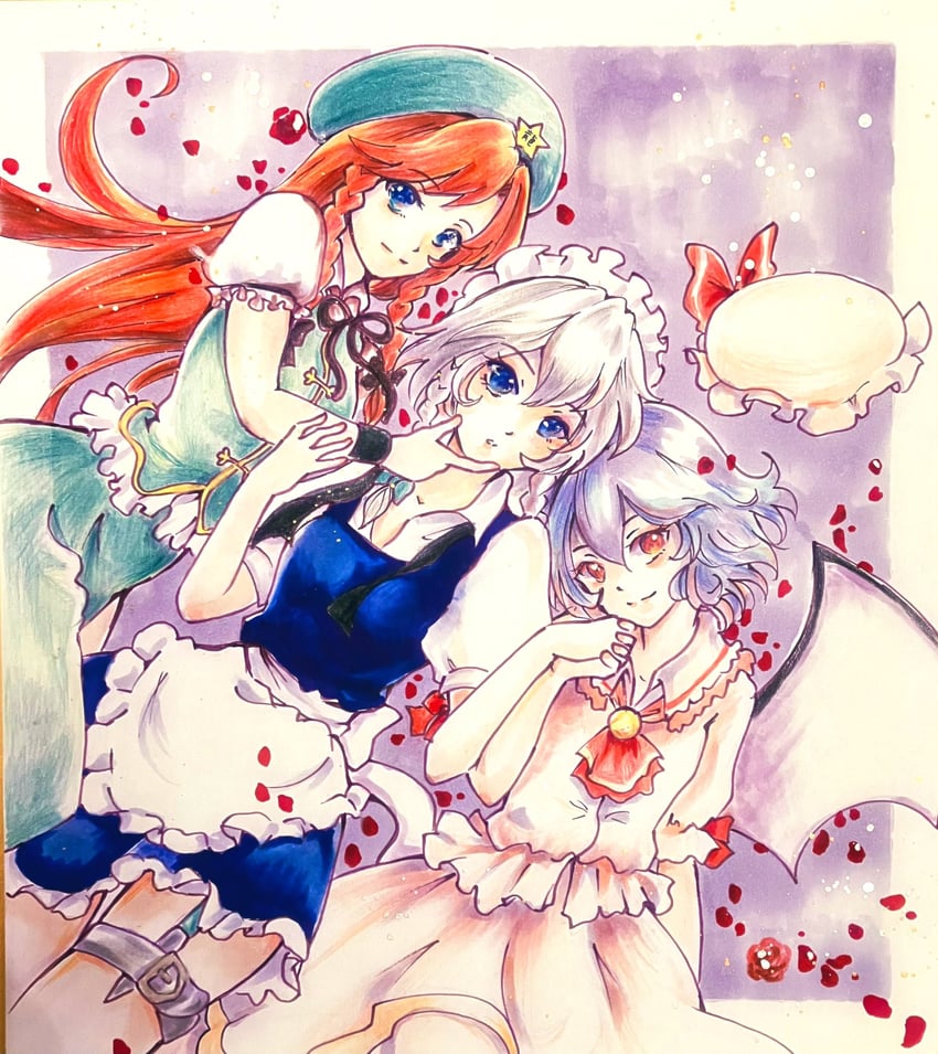 remilia scarlet, izayoi sakuya, and hong meiling (touhou) drawn by sahanna