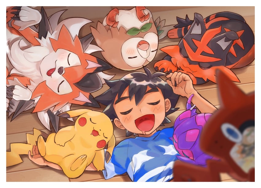 pikachu, ash ketchum, rotom, rowlet, lycanroc, and 3 more (pokemon and 1 more) drawn by abe_(kumayu)
