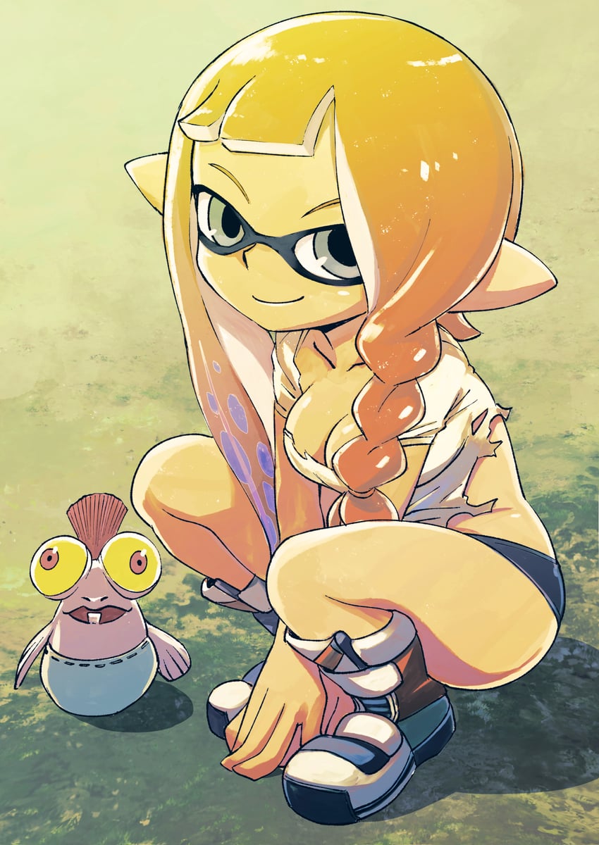 inkling player character, inkling girl, and smallfry (splatoon and 1 more) drawn by muramasa_mikado