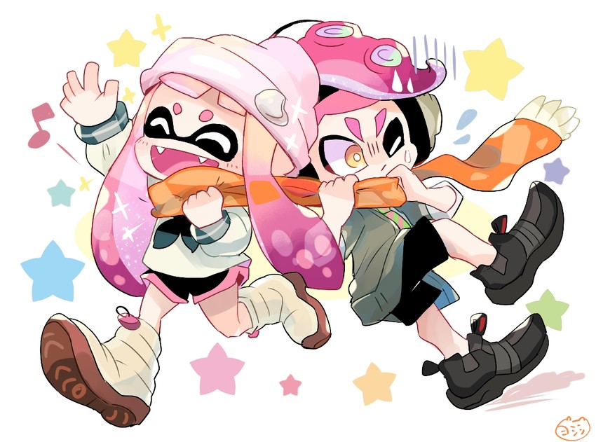 inkling player character, inkling girl, octoling player character, and octoling boy (splatoon) drawn by yoshishi_(yosisitoho)