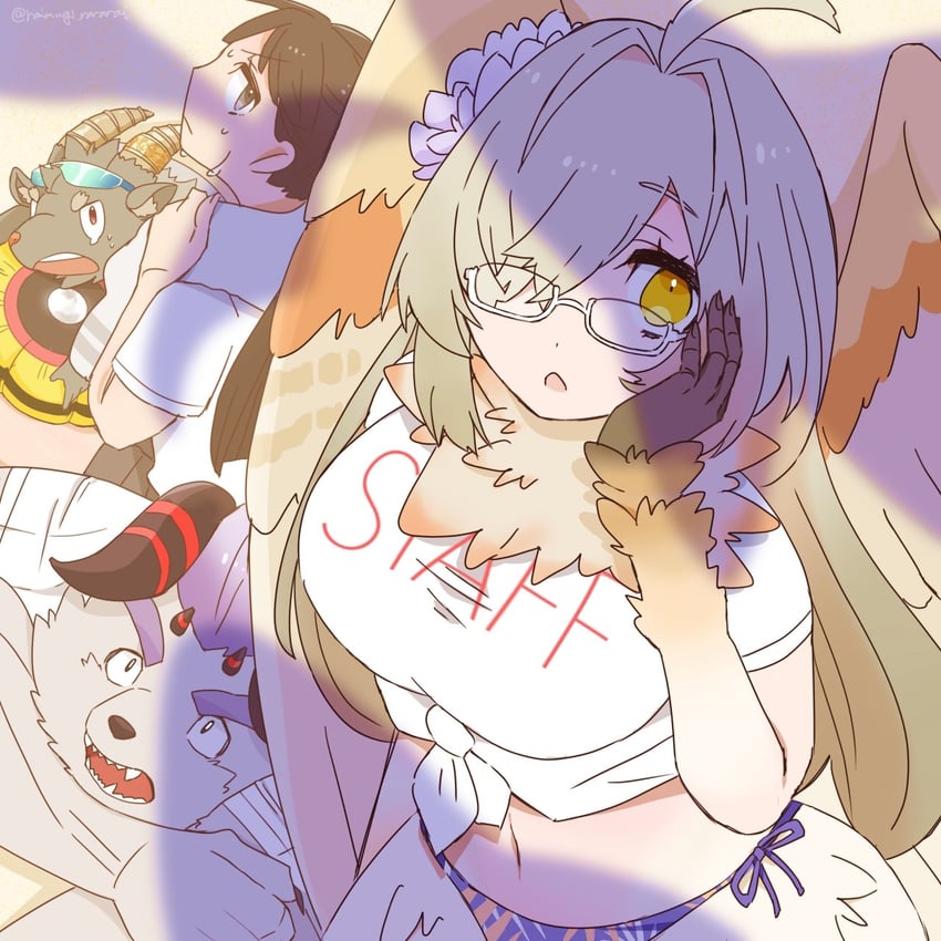 protagonist 2, salomon, ziz, and behemoth (tokyo afterschool summoners) drawn by raimugi_(raimugi_rararai)