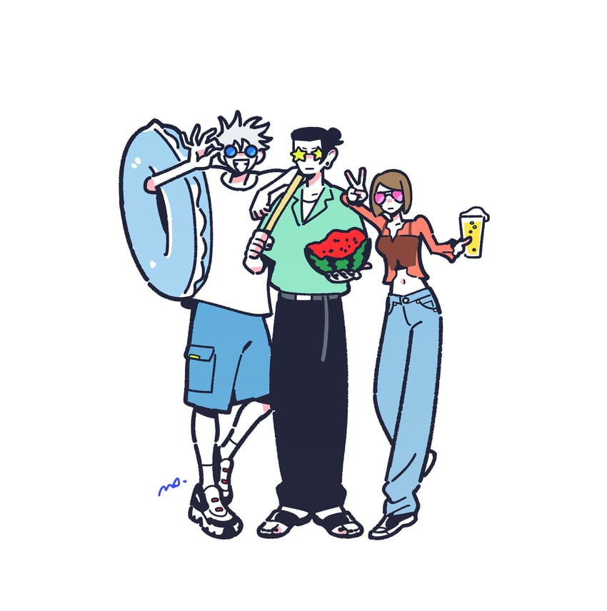 gojou satoru, getou suguru, and ieiri shoko (jujutsu kaisen) drawn by masakazu