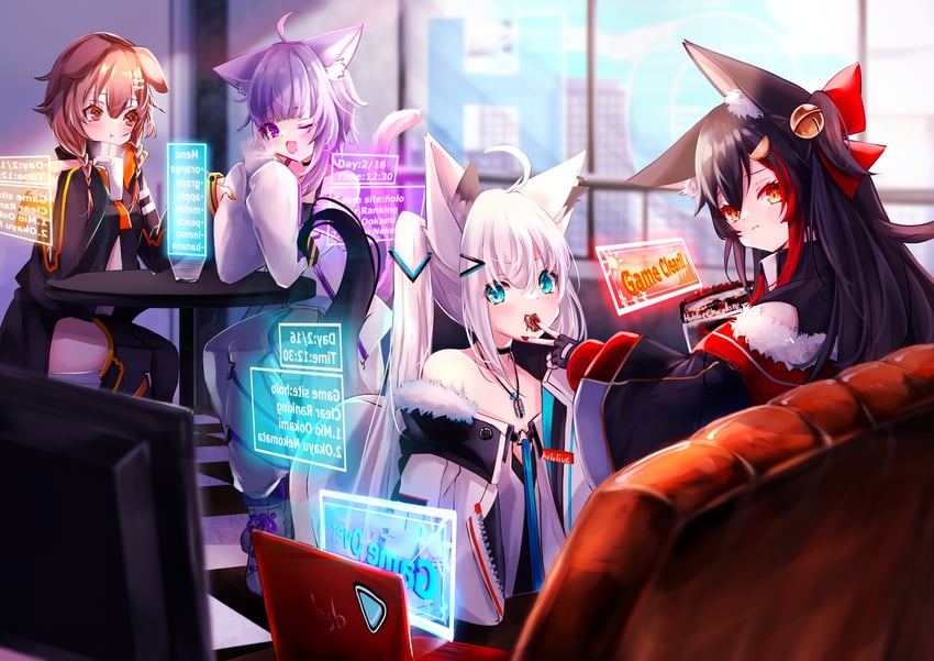 shirakami fubuki, nekomata okayu, ookami mio, and inugami korone (hololive) drawn by michitose_gusa