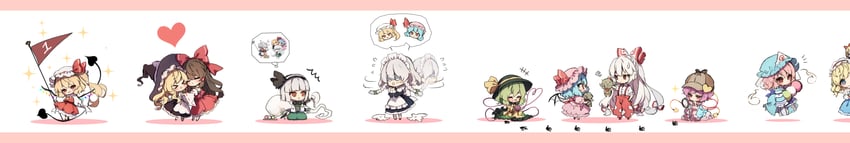 hakurei reimu, kirisame marisa, remilia scarlet, flandre scarlet, izayoi sakuya, and 8 more (touhou) drawn by piyokichi