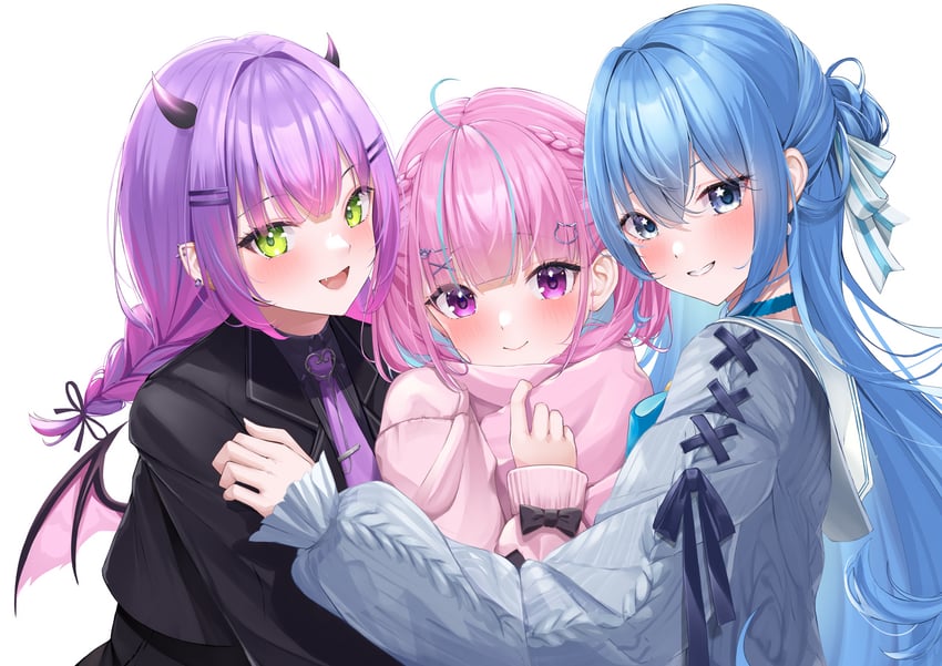 hoshimachi suisei, minato aqua, and tokoyami towa (hololive) drawn by horo_27