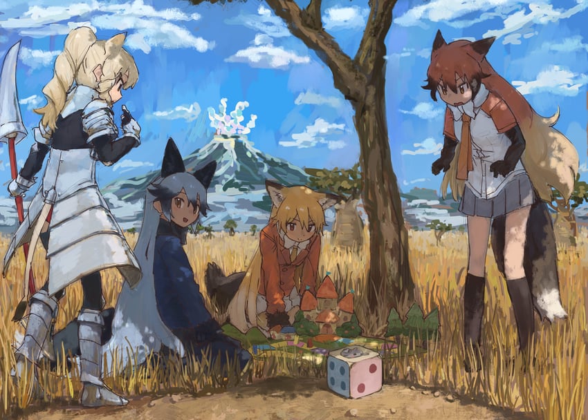 silver fox, ezo red fox, white rhinoceros, and red fox (kemono friends) drawn by rumenia_(ao2is)