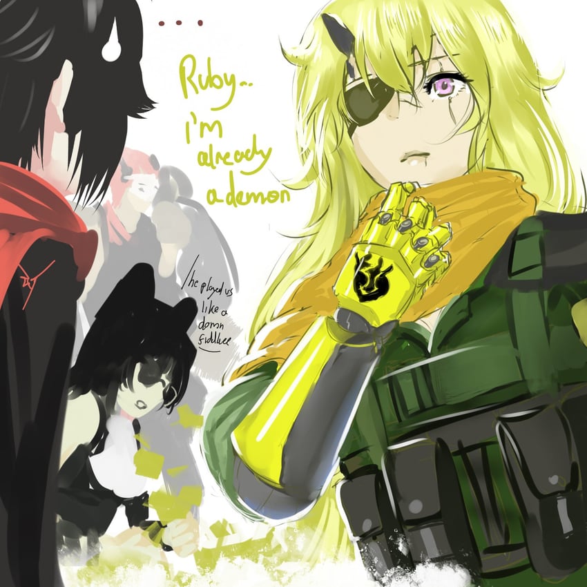 ruby rose, yang xiao long, blake belladonna, big boss, venom snake, and 1 more (rwby and 4 more) drawn by ex-trident