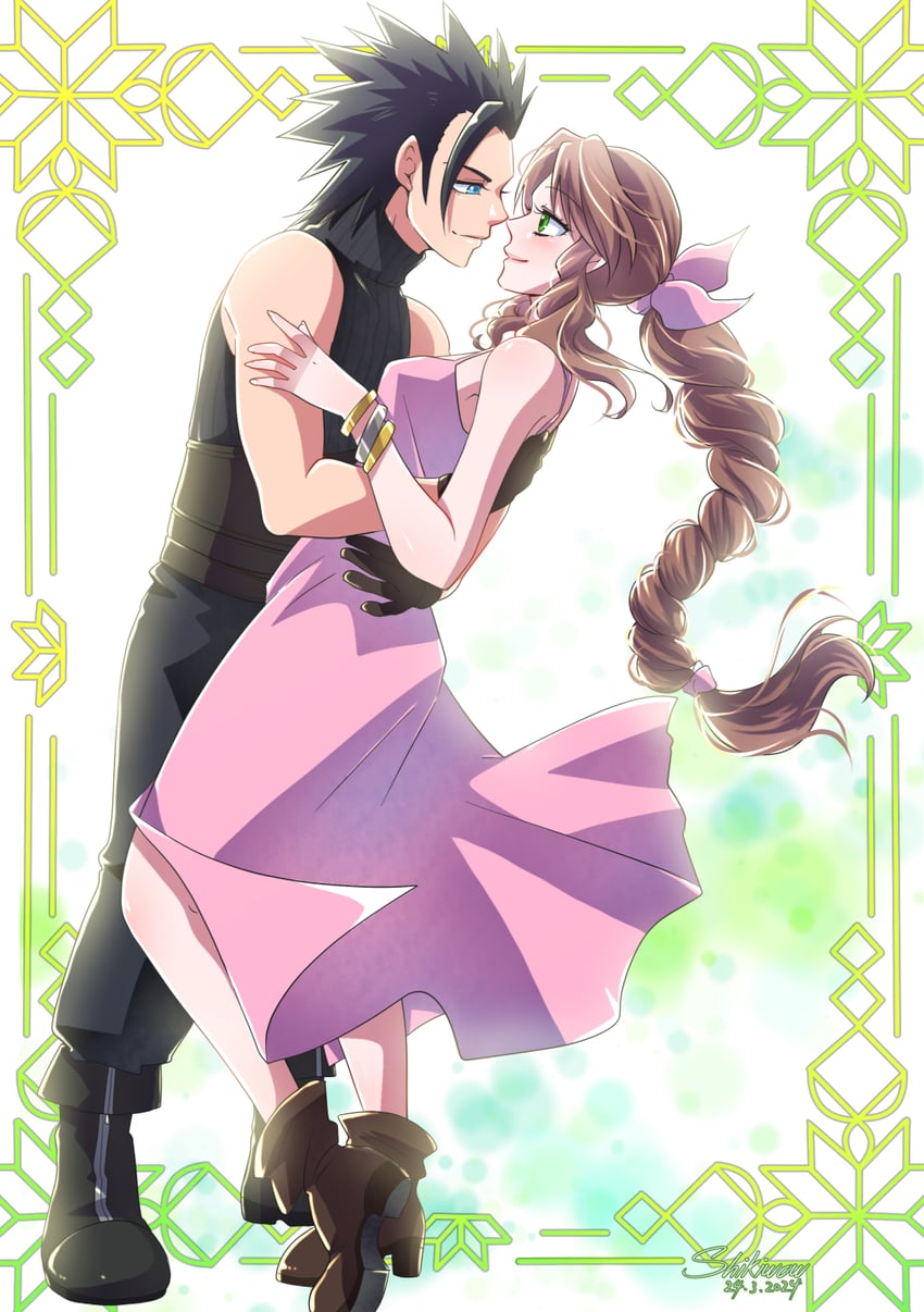 aerith gainsborough and zack fair (final fantasy and 4 more) drawn by shikiwo