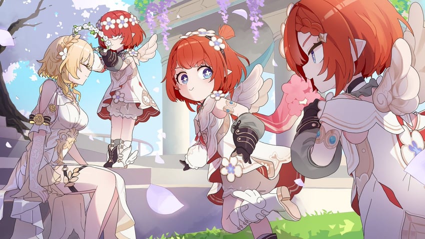 aglaea, tribbie, trianne, and trinnon (honkai and 1 more) drawn by origami_gyokuo