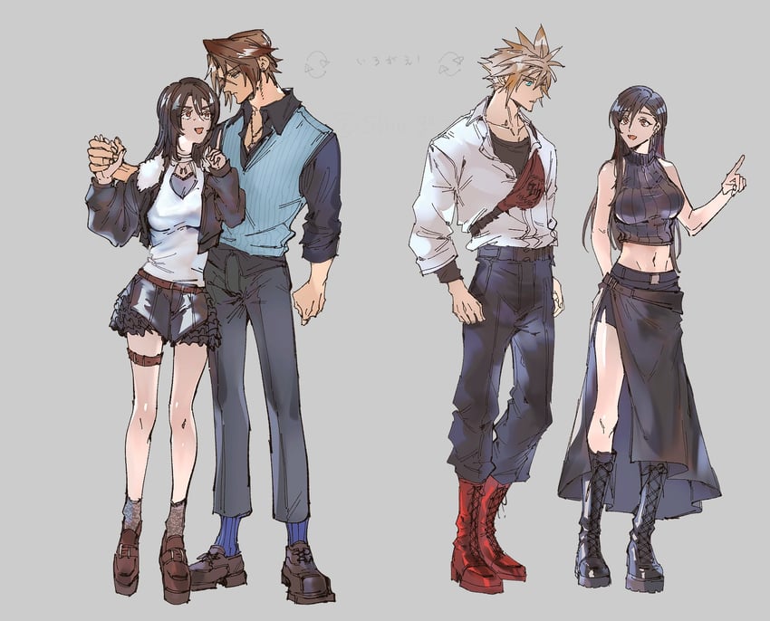 tifa lockhart, cloud strife, squall leonhart, and rinoa heartilly (final fantasy and 2 more) drawn by shio_ga