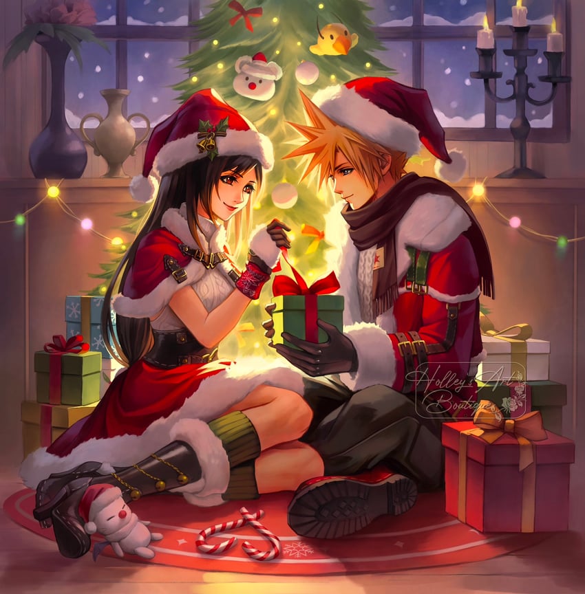 tifa lockhart, cloud strife, and moogle (final fantasy and 2 more) drawn by hollypolllyy