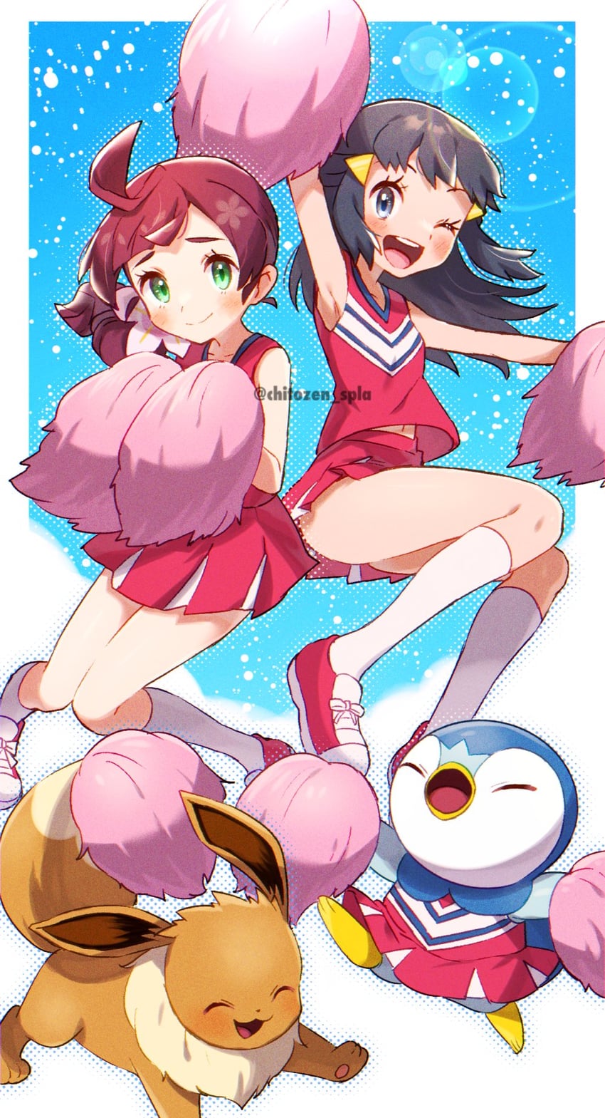 dawn, eevee, piplup, and chloe (pokemon and 1 more) drawn by chitozen_(pri_zen)