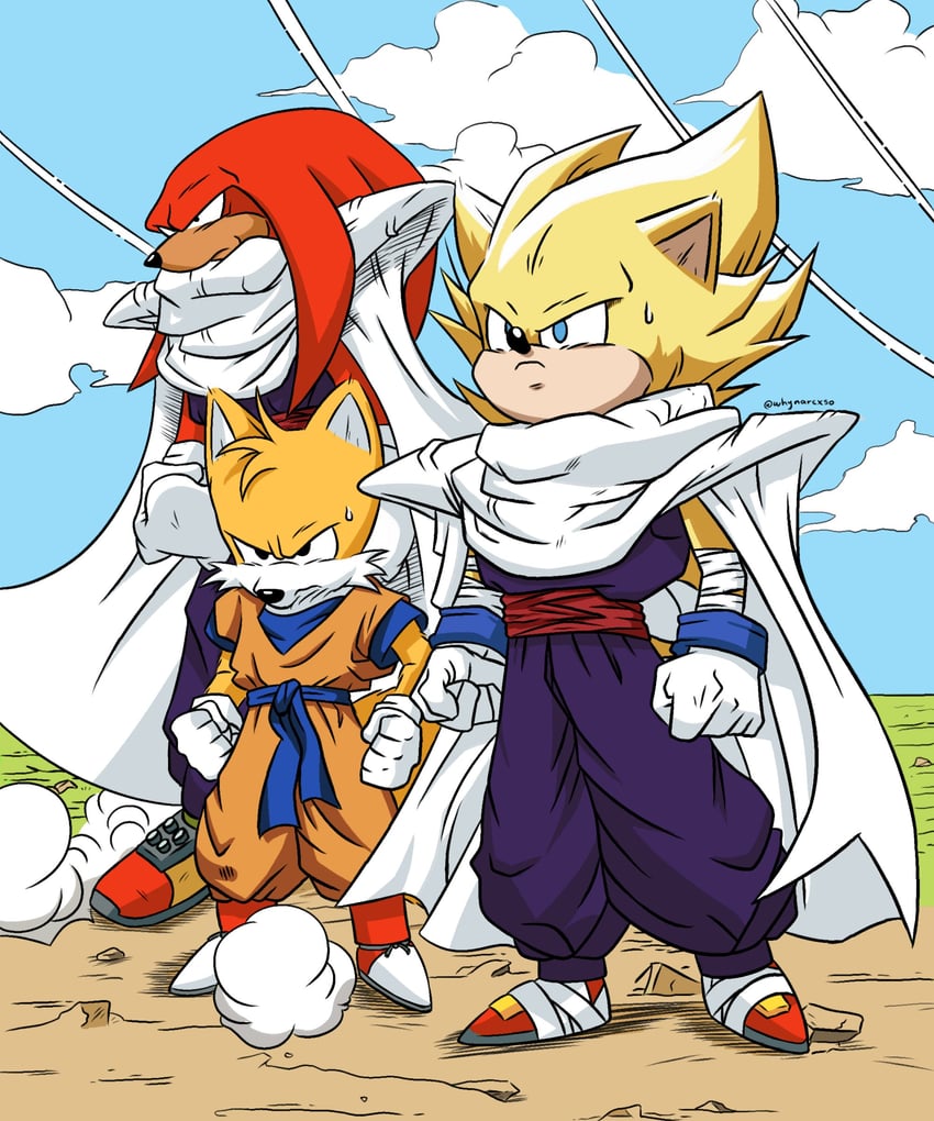sonic the hedgehog, son gohan, tails, knuckles the echidna, piccolo, and 1 more (dragon ball and 2 more) drawn by whynarcxso