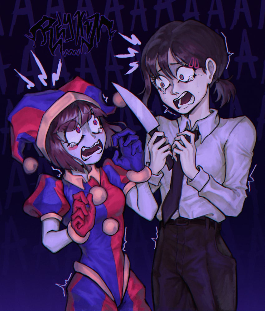 higashiyama kobeni and pomni (chainsaw man and 1 more) drawn by reykun