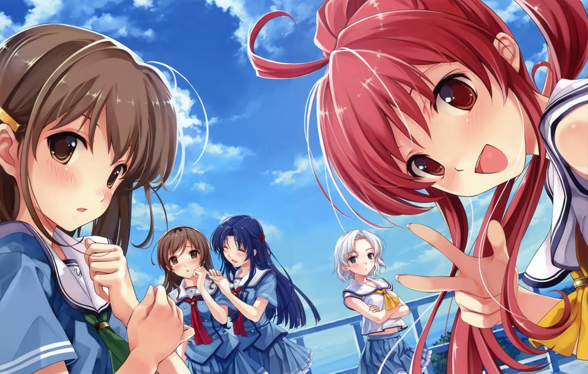 miyamae tomoka, koga sayoko, tsuyazaki kokage, nakano hinata, and hanami mariya (suiheisen made nan mile?) drawn by misaki_kurehito