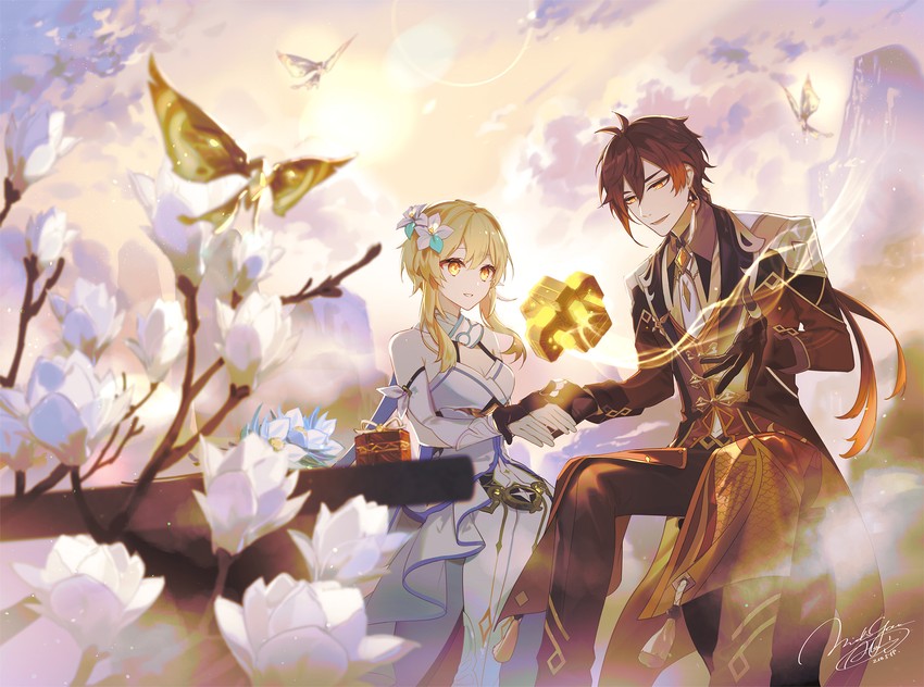 lumine, zhongli, and crystalfly (genshin impact) drawn by midorigawa_akari