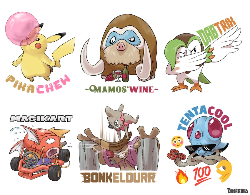 pikachu, magikarp, tentacool, dartrix, mamoswine, and 2 more (pokemon and 2 more) drawn by elcajarito