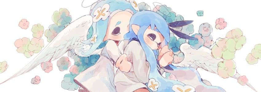 inkling player character, inkling girl, octoling player character, and octoling girl (splatoon) drawn by rerain