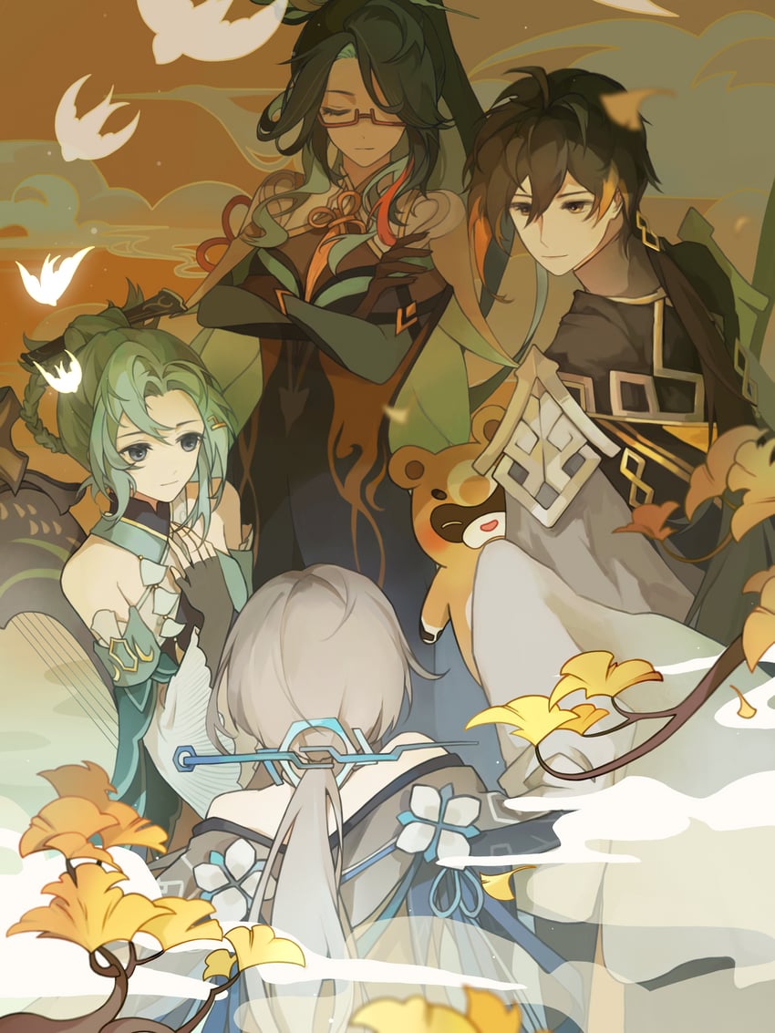 zhongli, xianyun, guoba, cloud retainer, guizhong, and 1 more (genshin impact) drawn by mengjing32514