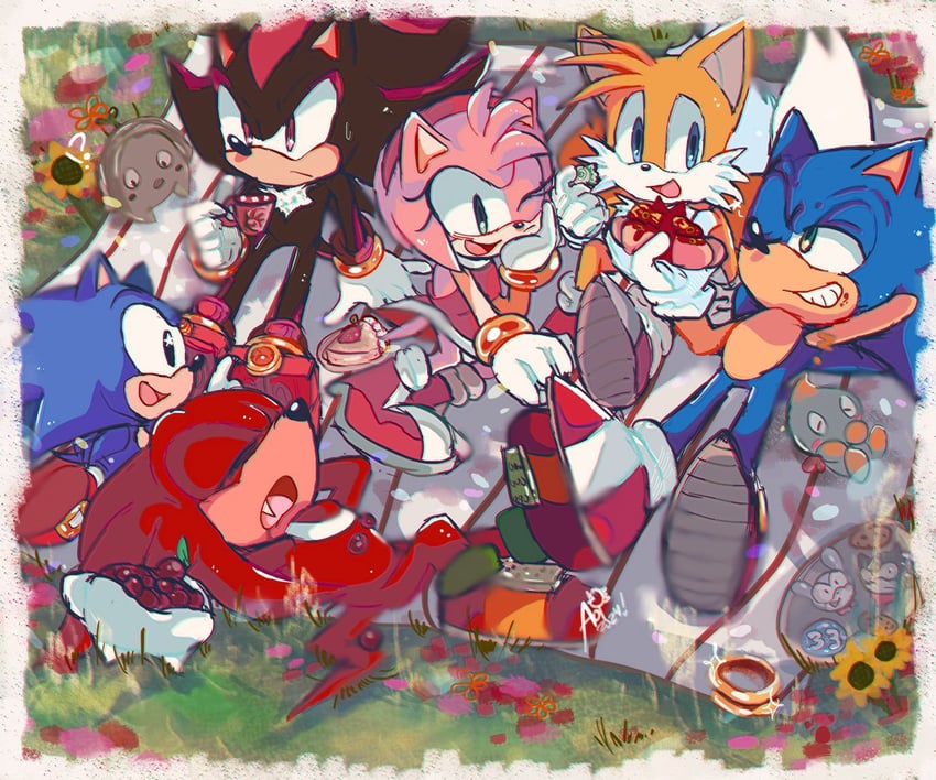 sonic the hedgehog, shadow the hedgehog, amy rose, tails, knuckles the echidna, and 4 more (sonic and 1 more) drawn by aoi_(aoii91)