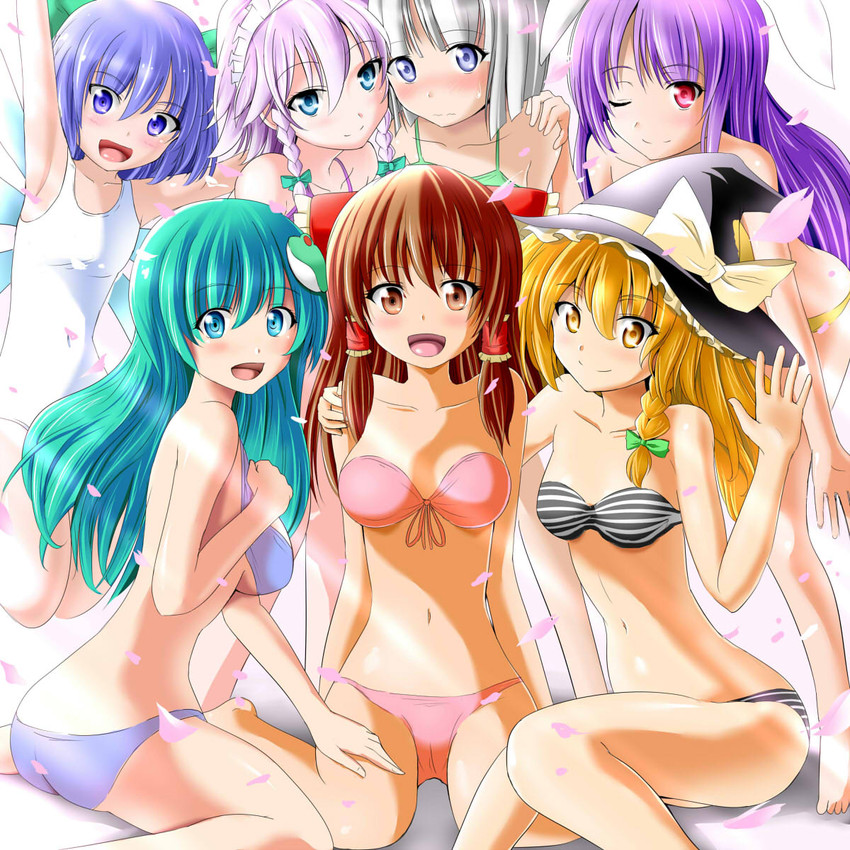 hakurei reimu, kirisame marisa, izayoi sakuya, kochiya sanae, konpaku youmu, and 2 more (touhou) drawn by kayama_kenji