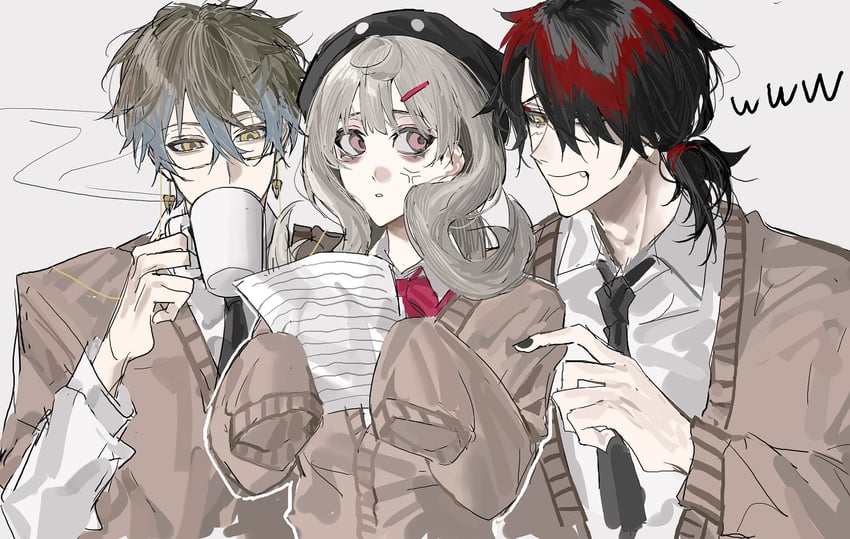 ike eveland, vox akuma, and reimu endou (nijisanji and 1 more) drawn by miyu_(shiyemiyu)
