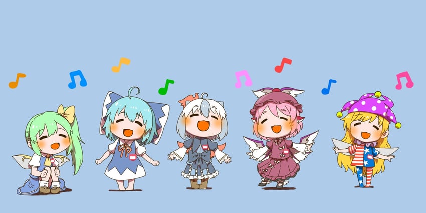 cirno, mystia lorelei, daiyousei, clownpiece, and tokiko (touhou) drawn by yuutaishi