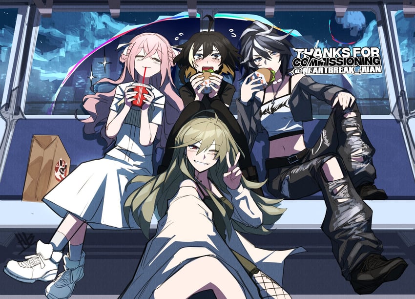 date-chan, azai eimi, bessyo bell, and shimazu shika (zenless zone zero and 1 more) drawn by heartbreak_juan