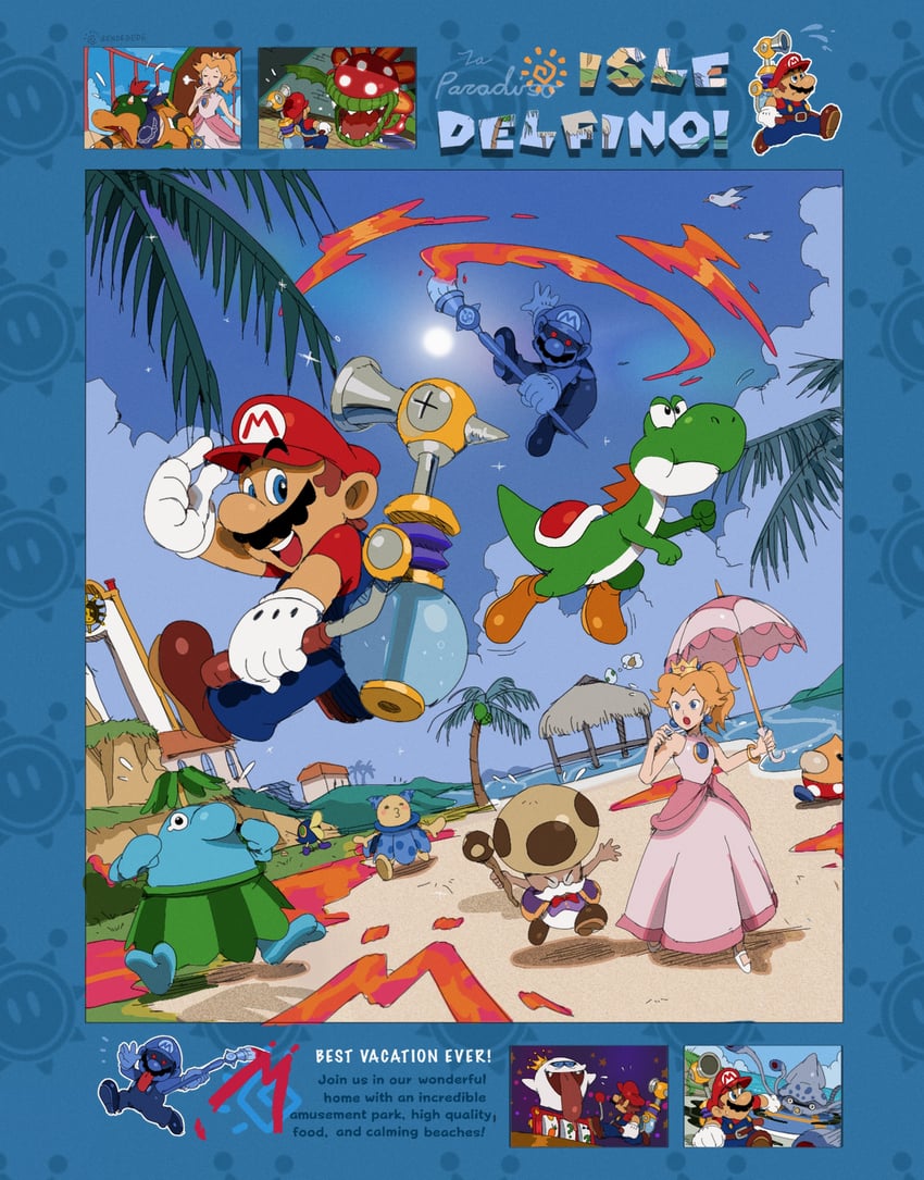 princess peach, mario, yoshi, bowser jr., king boo, and 9 more (mario and 1 more) drawn by bendedede