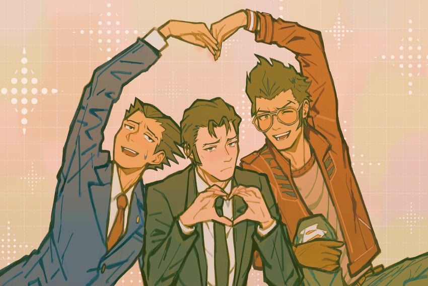 phoenix wright, travis touchdown, and sugou teppei (ace attorney and 2 more) drawn by heartgrooooove
