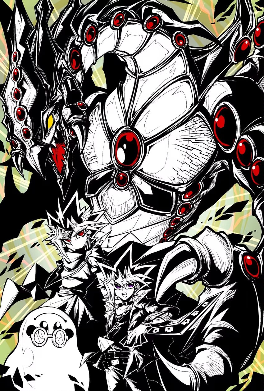 yami yugi, atem, marshmallon, and gandora the dragon of destruction (yu-gi-oh! and 1 more) drawn by evarina55