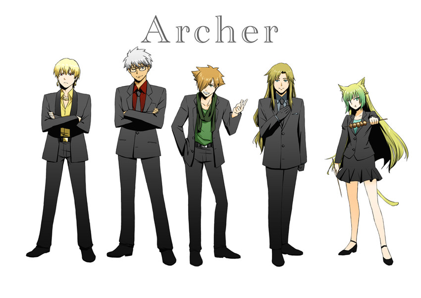 gilgamesh, archer, atalanta, robin hood, and chiron (fate and 4 more) drawn by shimaneko