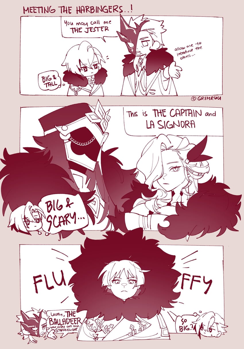 scaramouche, arlecchino, signora, capitano, and pierro (genshin impact) drawn by grimruu