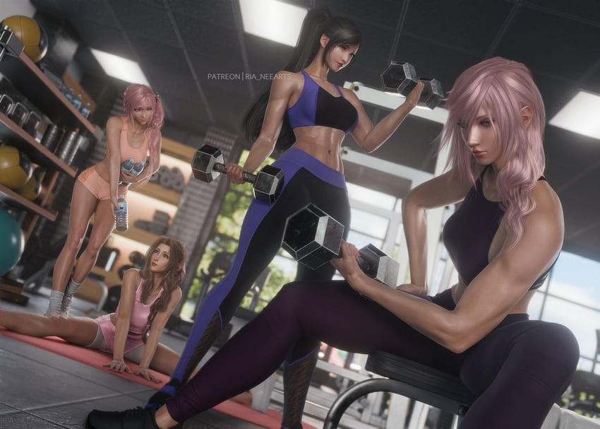tifa lockhart, aerith gainsborough, lightning farron, and serah farron (final fantasy and 2 more) drawn by ria_(baka-neearts)