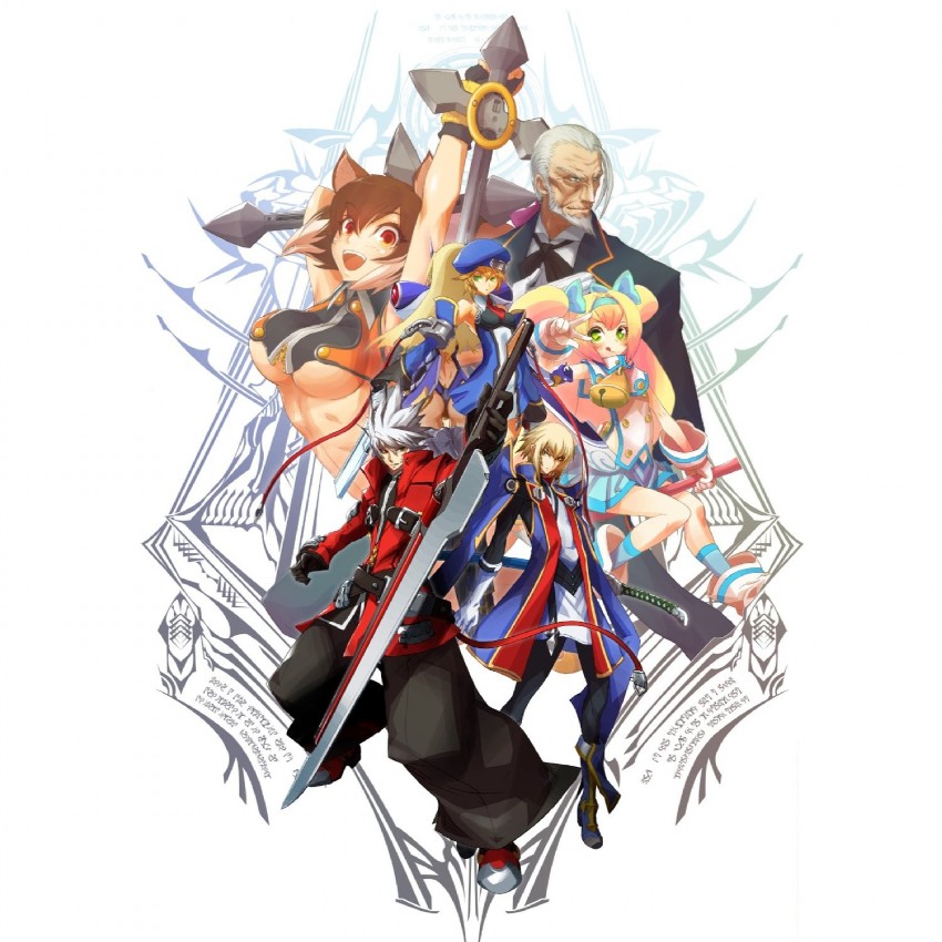 makoto nanaya, noel vermillion, ragna the bloodedge, jin kisaragi, platinum the trinity, and 2 more (blazblue and 1 more) drawn by katou_yuuki