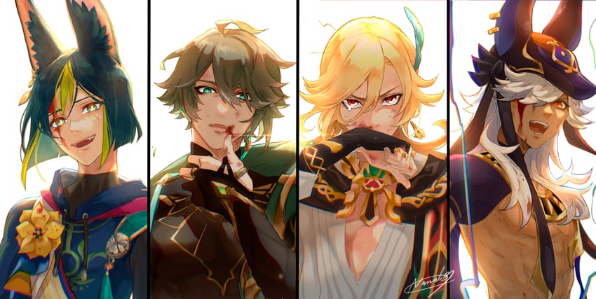 alhaitham, tighnari, kaveh, and cyno (genshin impact) drawn by namakoaaa