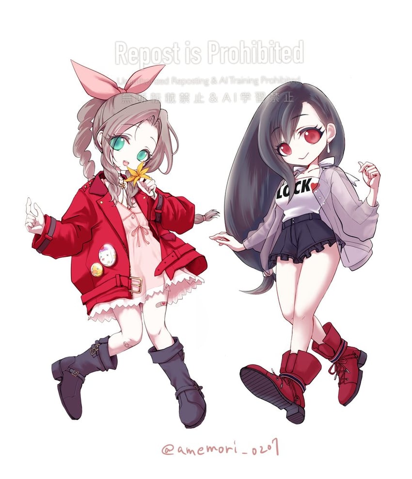 tifa lockhart, aerith gainsborough, and moogle (final fantasy and 1 more) drawn by amemori_0207