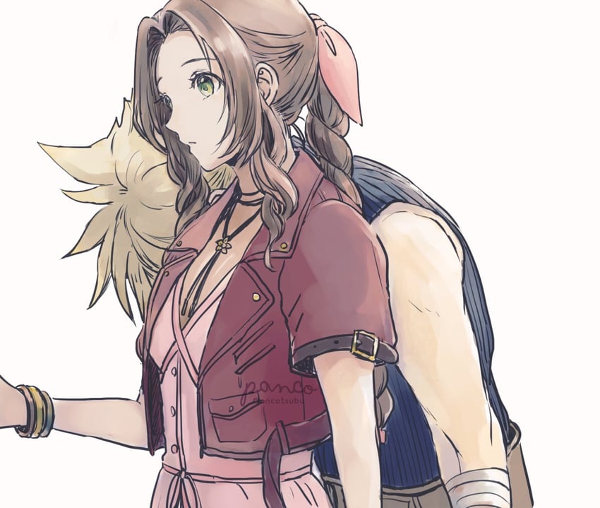 cloud strife and aerith gainsborough (final fantasy and 2 more) drawn by ancotsubu