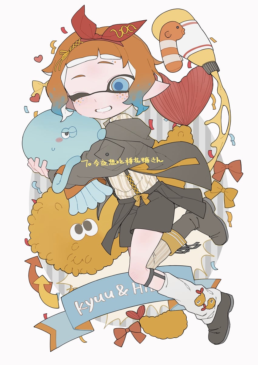 inkling player character, inkling girl, and jellyfish (splatoon) drawn by gomi20021021