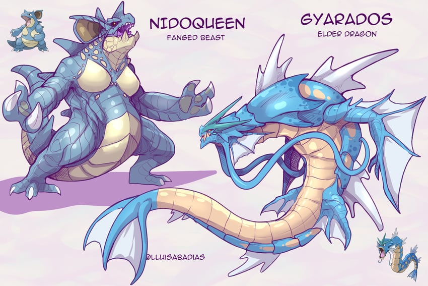 gyarados and nidoqueen (pokemon and 1 more) drawn by lluisabadias