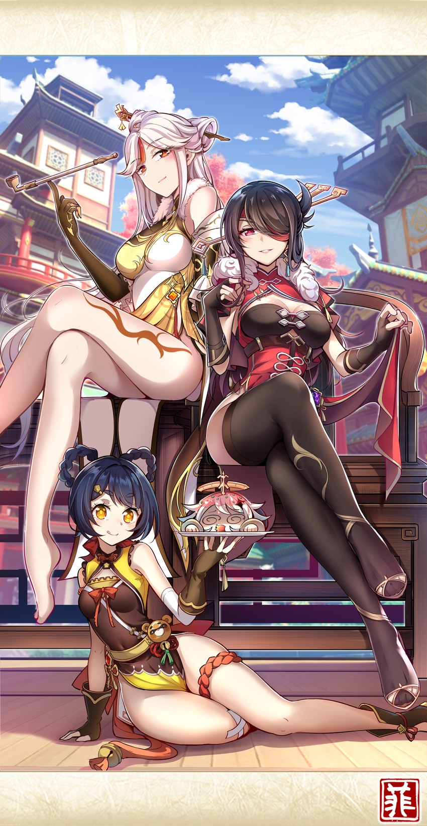 paimon, ningguang, beidou, xiangling, and guoba (genshin impact) drawn by fei_luo_mao